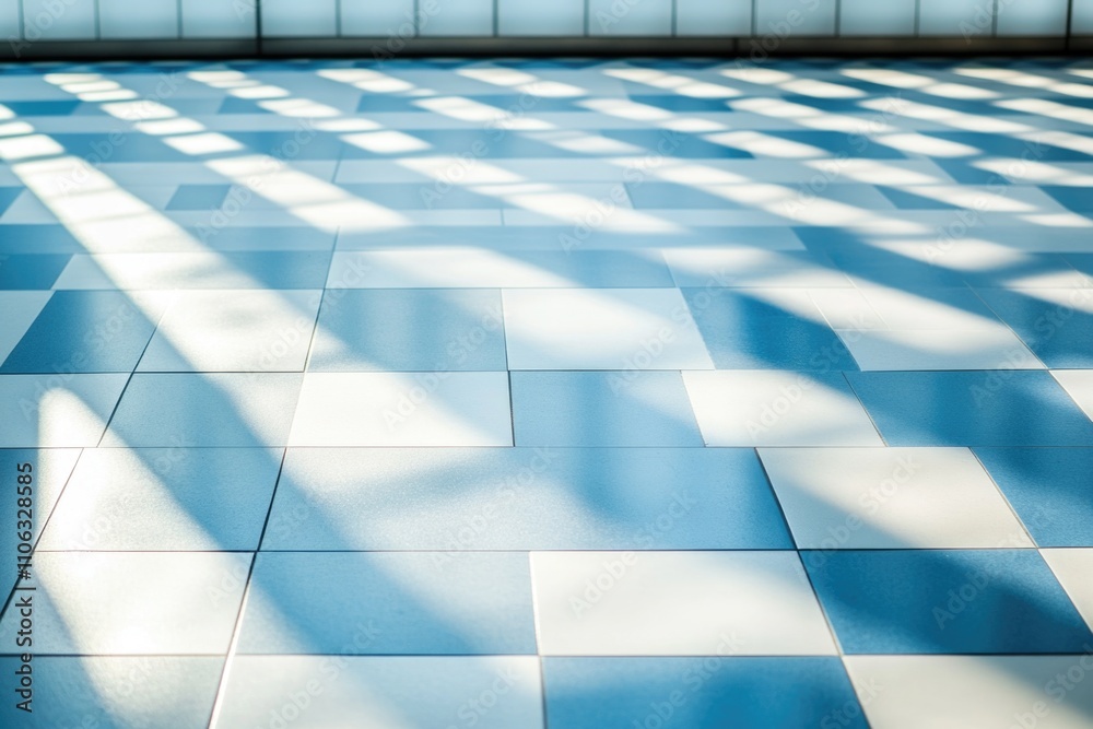 Poster A blue tiled floor with a window in the background, suitable for interior design or architecture projects