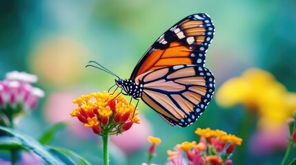A monarch butterfly perched on a colorful flower in a garden, providing a sense of serenity and beauty