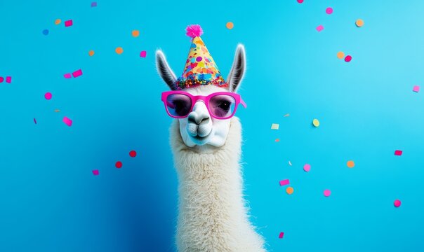 Llama wearing a colorful hat and pink sunglasses with confetti on a blue background. Quirky, fun party celebration concept