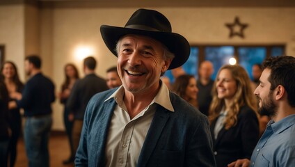Fototapeta premium Man in a cowboy hat joyfully dancing at a Hanukkah celebration.