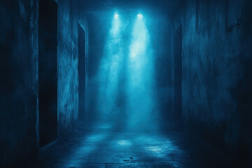 Dark hallway illuminated by overhead light, casting eerie shadows.