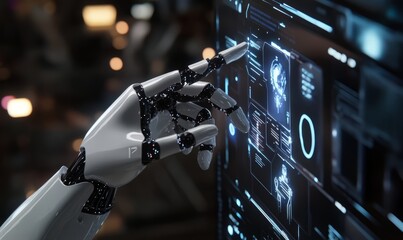 Robot hand on futuristic AI icon to check correct data utilizing RPA function software program to help proof and detect and synchronize with system for future business technology