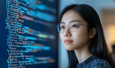 The integration of technology and human expertise in software development is presented by a young Asian woman programmer in front of an LCD screen with code projected
