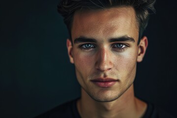 Obraz premium A close-up shot of a young man's face with piercing blue eyes