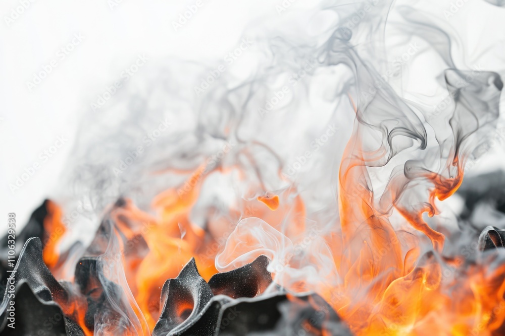 Poster a close-up view of a burning flame with thick smoke rising from it