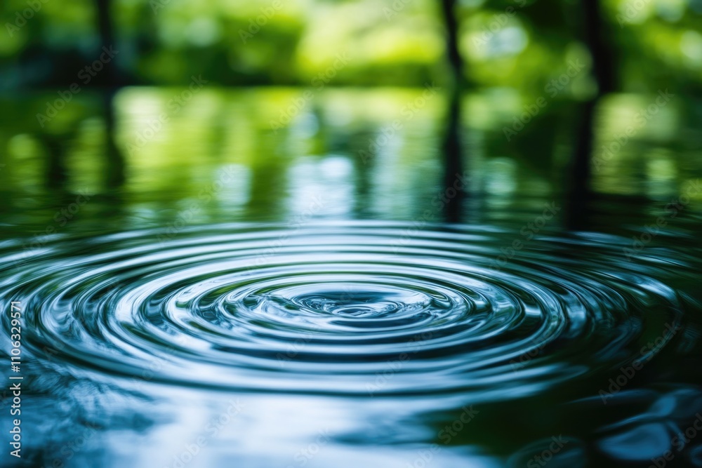 Poster A calm water surface with a ripple effect and trees in the background