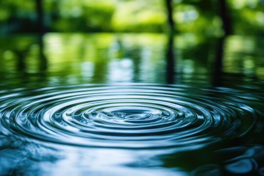 A calm water surface with a ripple effect and trees in the background