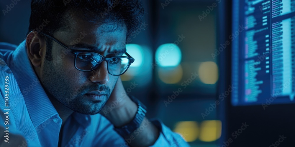 Poster A person sitting in front of a computer, focusing on the screen