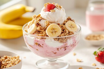 national ice cream for breakfast day, sunny breakfast table featuring a bowl of granola layered with creamy yogurt and a scoop of strawberry ice cream