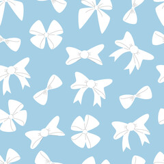 Obraz premium Ribbon Bows Seamless Pattern. White Ribbon Bows on Blue Background.