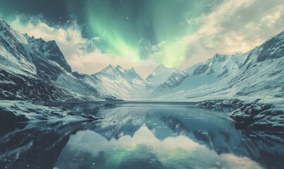 The Northern Lights cast an ethereal green glow over a still, reflective lake, surrounded by snowy mountains