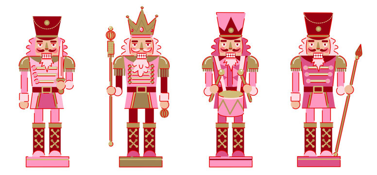 Set of Pink Traditional Nutcracker Soldiers. Christmas Toy Decoration.