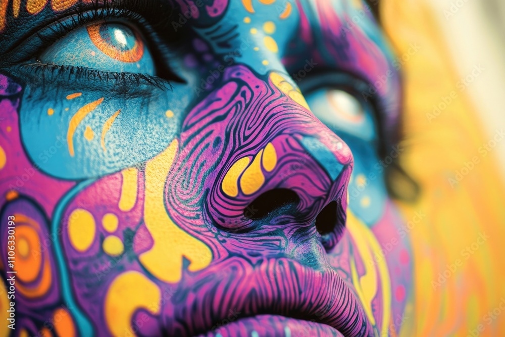 Poster a detailed view of a person's face with vibrant colors applied as part of an artistic or creative pr