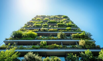 Obraz premium Modern skyscraper with green balconies filled with plants, surrounded by a clear blue sky. Sustainable architecture concept