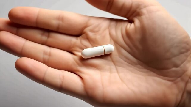 A single white capsule pill rests on the palm of a hand, displayed against a minimalist white background. 
