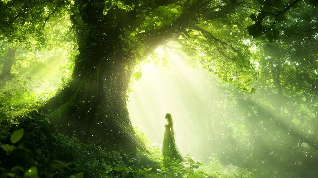 Enchanting Dryad of the Ancient Tree - Ultra-Detailed 3D Render Depicting a Mystical Creature in Lush Forest Setting