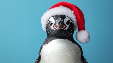 Naklejka premium A penguin sports a cheerful Santa hat, bringing a festive spirit. With a bright blue background, this playful moment embodies the joy of the holiday season. With copy space for text