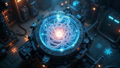 Energy core with swirling plasma in a futuristic containment chamber surrounded by advanced machinery