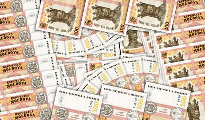 Moldova Lei MDL banknotes in a fan mosaic pattern 3d illustration
