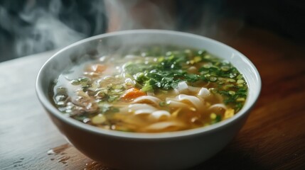 A warm bowl of creamy soup filled with broccoli and noodles, perfect for a comforting meal