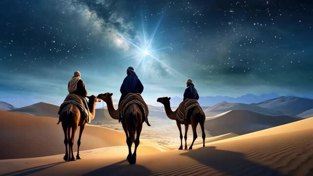 Silhouettes of the Magi riding their camels against the backdrop of a dazzling night sky, their path lit by a singular Nativity Star. Epiphany celebrated on Three Kings Day.