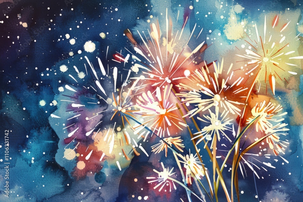 Aufkleber fireworks exploding in the dark night sky with stars and clouds