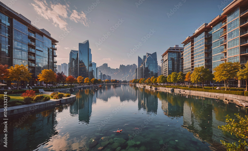Poster city with a river running through it. the river is surrounded by buildings and trees. the water is c