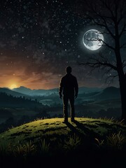 Man standing alone on a hill at night, vector design.