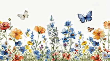 A beautiful field of watercolor wildflowers and butterflies, creating a border on a clean white background