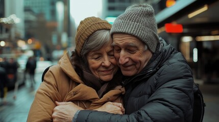 Fototapeta premium A romantic moment between two people, captured on a busy city street