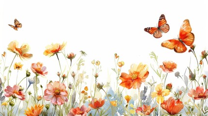 Obraz premium A beautiful field of watercolor wildflowers and butterflies, creating a border on a clean white background