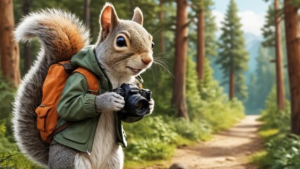 Obraz premium A curious squirrel exploring the forest trails with a camera during a sunny afternoon