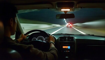 Night driving on urban highway, focus on the road