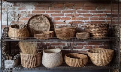 P against a brick wall a wire basket is filled with handwoven baskets made from natural grasses and fibers perfect for storing small treasures