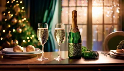 two glasses of champagne and bottle