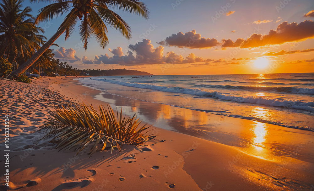 Aufkleber beach with palm trees and a sunset in the background. the beach is empty. the water is calm