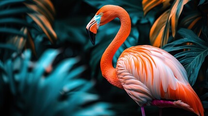 Fototapeta premium Vibrant flamingo amidst lush tropical foliage.