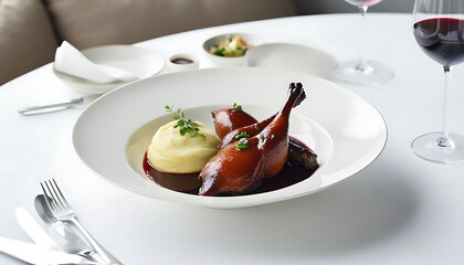 A classic duck dish with mashed potatoes, table etiquette when paired with red wine