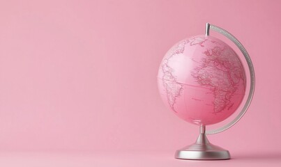 Pink globe on pink background, modern design, decorative item, educational tool, world map, geography, travel inspiration