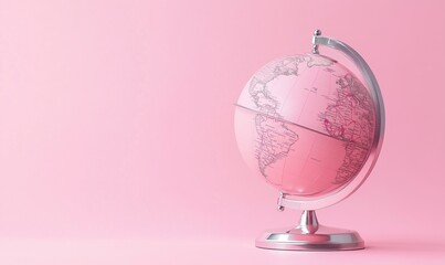 Pink globe with silver stand, detailed world map, modern design, soft pink background
