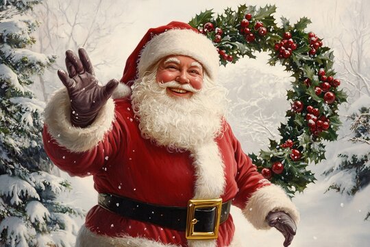 Traditional Christmas art of Santa Claus smiling warmly, holding out his hand, holly wreath surrounding the scene, snowy trees behind, hyper-realistic painting, bright white background 1