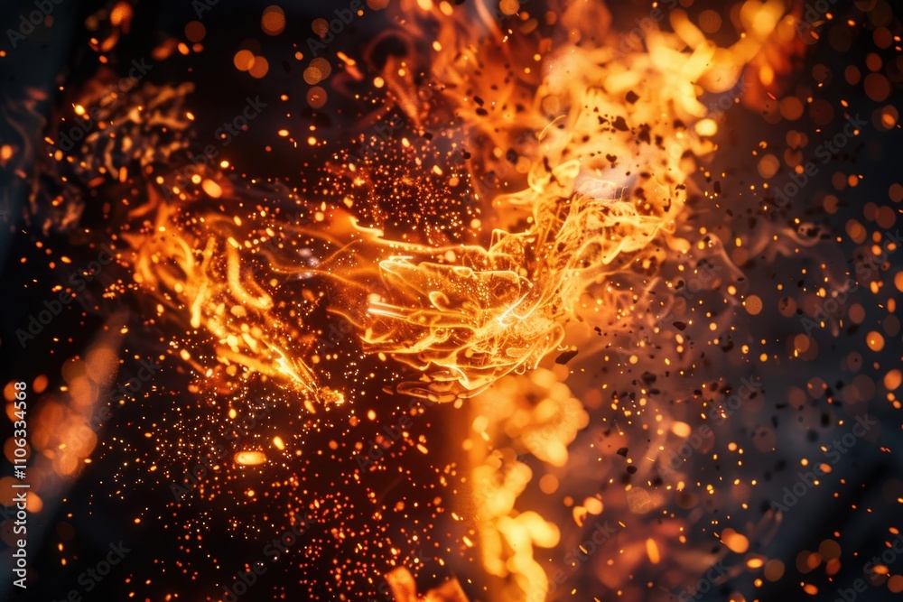 Poster fiery sparks emitting from a flame, ideal for use in backgrounds or as an accent