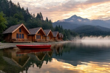 Obraz premium Cabin homes situated near a peaceful lake, great for relaxation or vacation photoshoot
