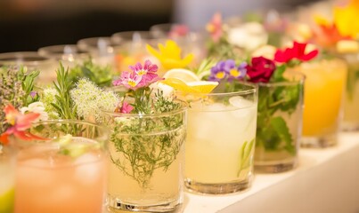 Seasonal Floral Cocktails: An array of seasonal cocktails decorated with seasonal flowers and herbs, reflecting the time of year during the banquet