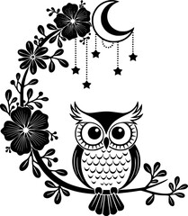 Fototapeta premium illustration, bird, cartoon, leaf, moon, owl, night, art, animal, design, floral, flower, nature, vector, tree, drawing, pattern, fantasy, silhouette, tattoo, colouring, love, vignetting, vintage, car
