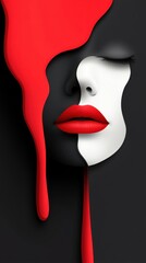 Abstract face art with bold red and black contrasts captivates the viewer's attention, AI