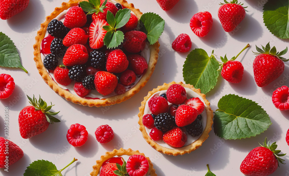 Poster plate of strawberries and raspberries is on a table. there are two small pies with strawberries and 