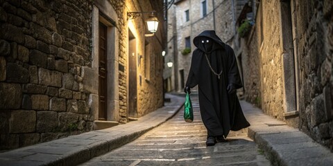 Mysterious figure in dark cloak walking through narrow medieval street at night