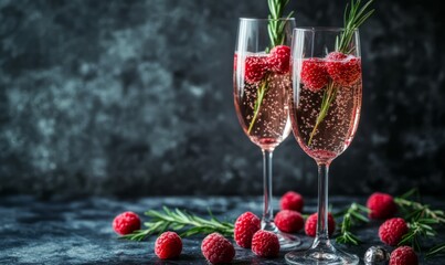Champagne flutes filled with sparkling wine, garnished with raspberries and rosemary sprigs. Festive and elegant drink concept