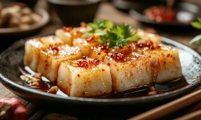 Chinese lunar new year food concept, turnip radish cake, local cuisine in restaurant with soy sauce, closeup, copy space